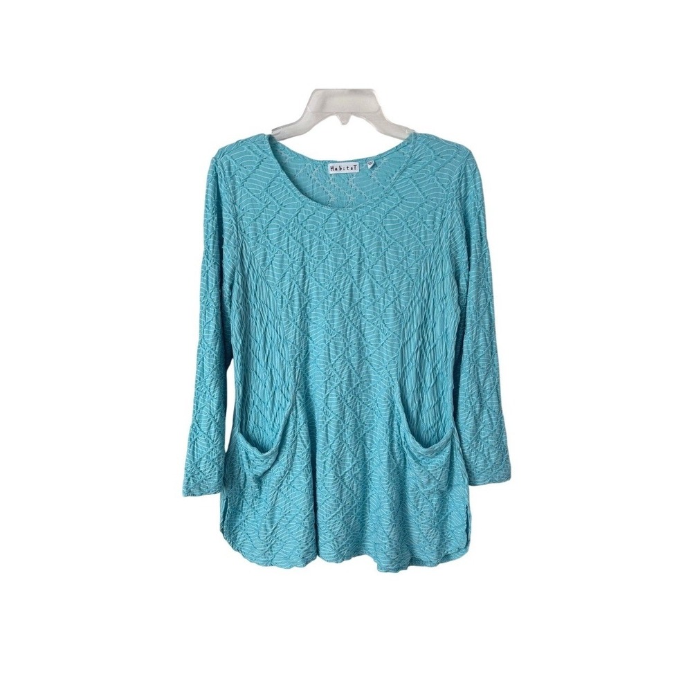 Habitat Teal Blue Textured Pocket Tunic Top Pockets Relaxed Fit Boho Beach Artsy